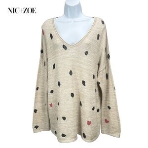 Nic+Zoe Women XL Beige V-Neck Sweater Dots & Hearts Cotton Cashmere‎ Blend